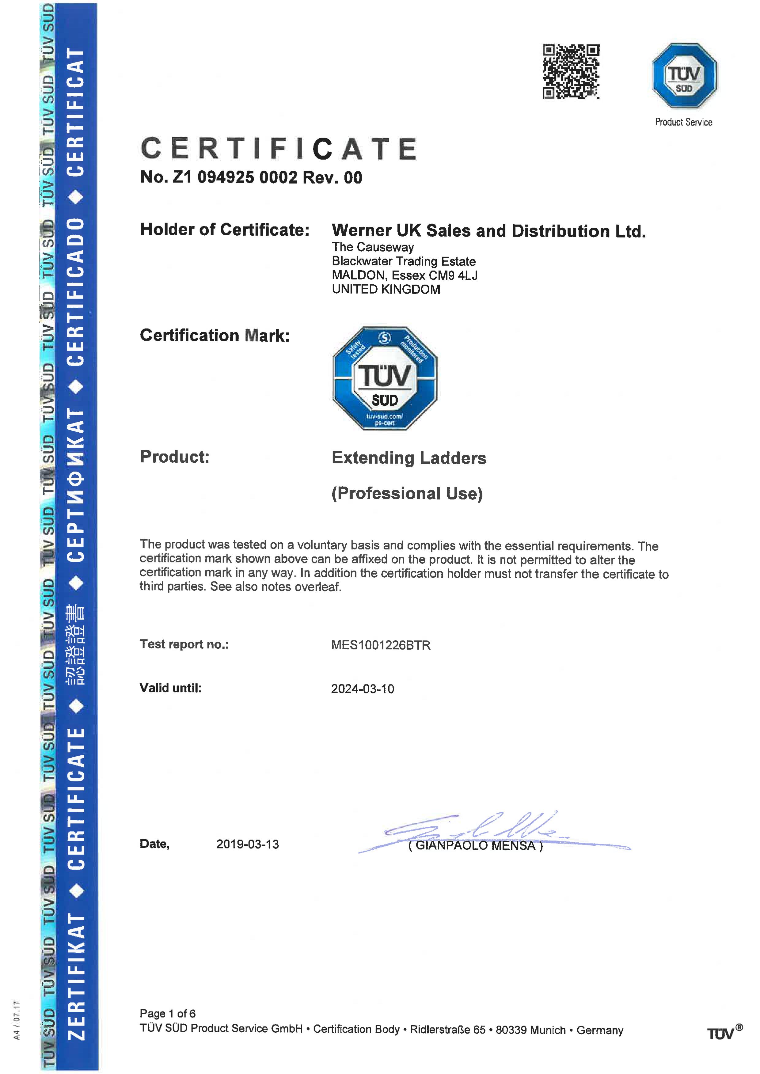 TUV-SUD_Certifikát pro prohlužovací žebříky EN131